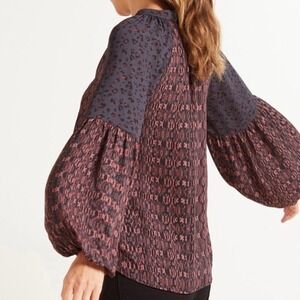 Evereve Roan + Ryan Annabelle Blouse M Boho Balloon Sleeve Animal Mixed Print